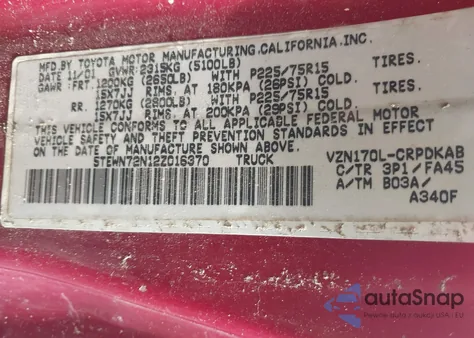 2002 Toyota Tacoma Base V6 из США, поврежденный, VIN 5TEWN72N12Z016370